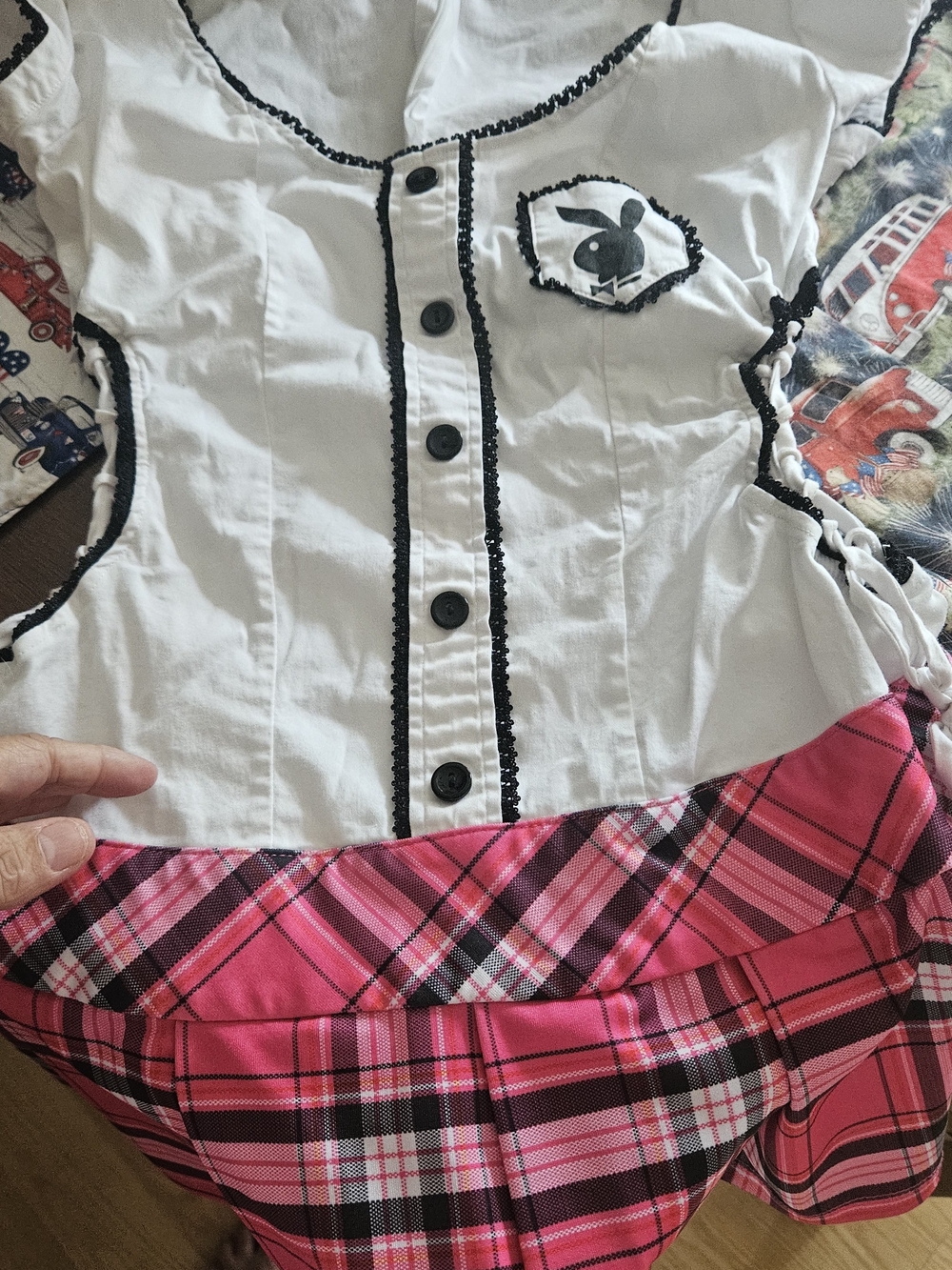 VINTAGE PLAYBOY White Top with Black Lace Trim and Plaid Skirt